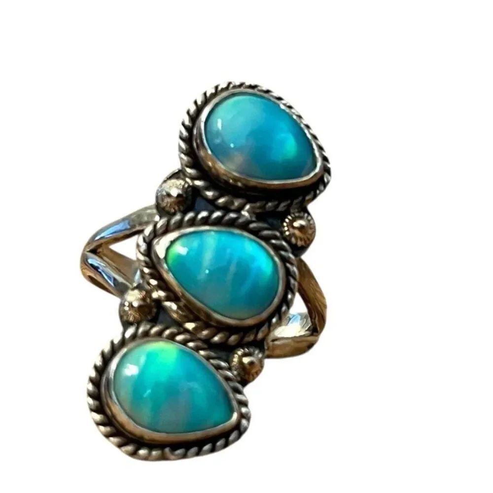 Blue Triple Stacked Aurora Opal Ring One Size Gemstone 925 Sterling Silver New